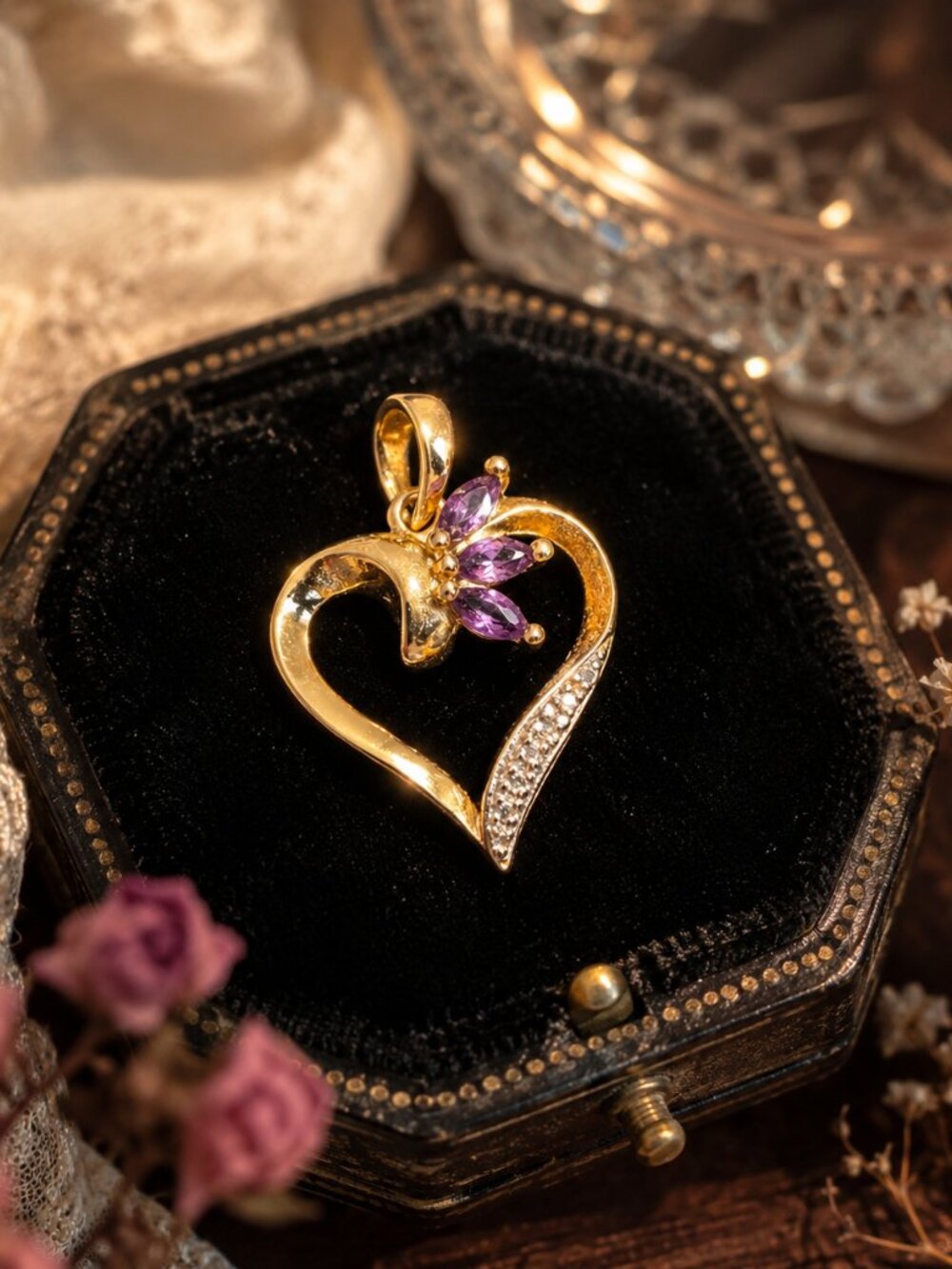Vintage 925 Sterling Silver Gold Vermeil Open Heart Pendant Genuine Amethyst Sto